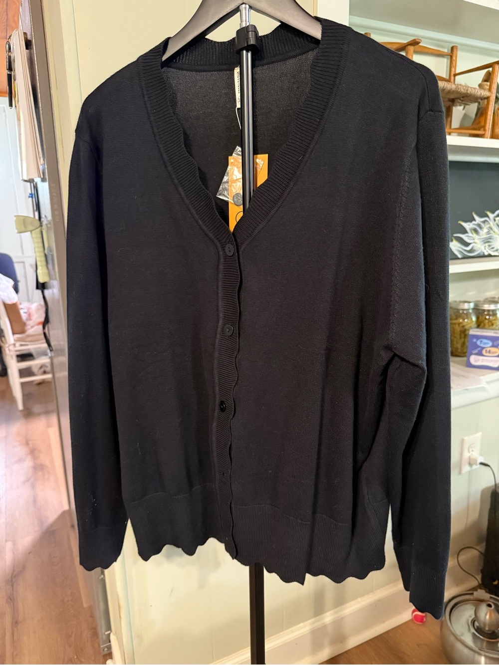 NWT Grecerelle Black V-neck Cardigan with scallops at neckline, front and bottom